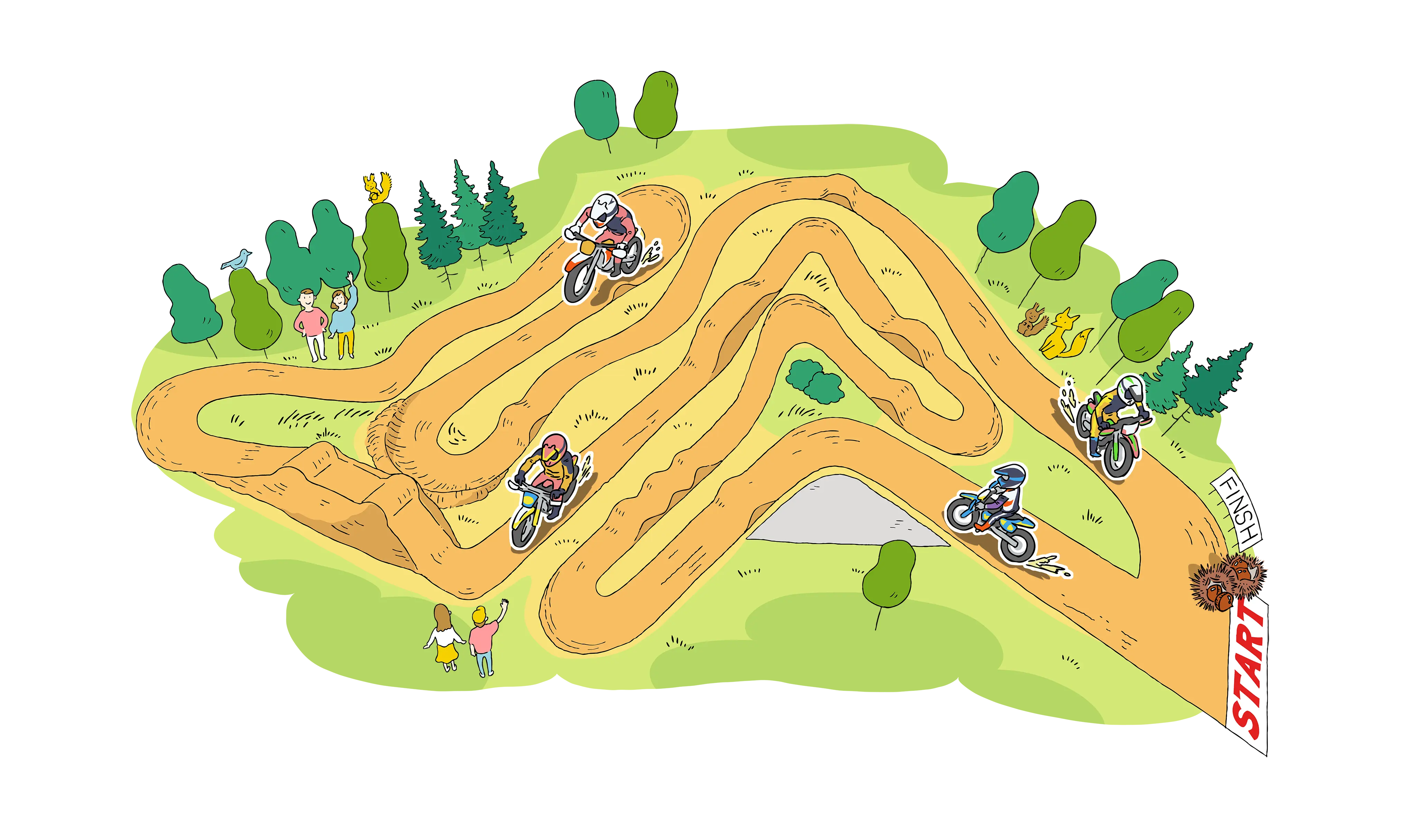 栗丘ライディングパークのコースを走るモトクロスライダーのイラストマップ